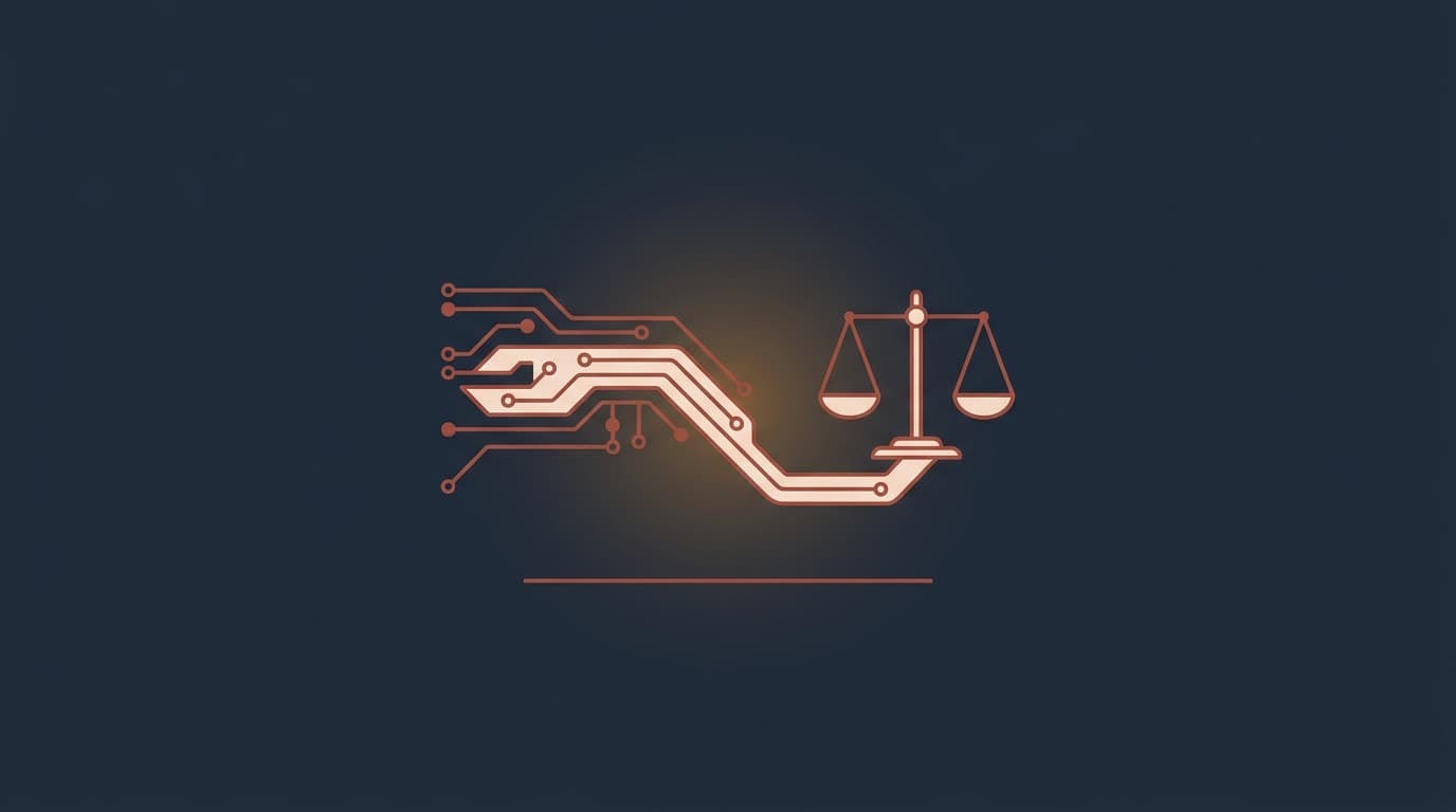 Oxblood circuit pathway ending in a balance scale, on a deep navy background