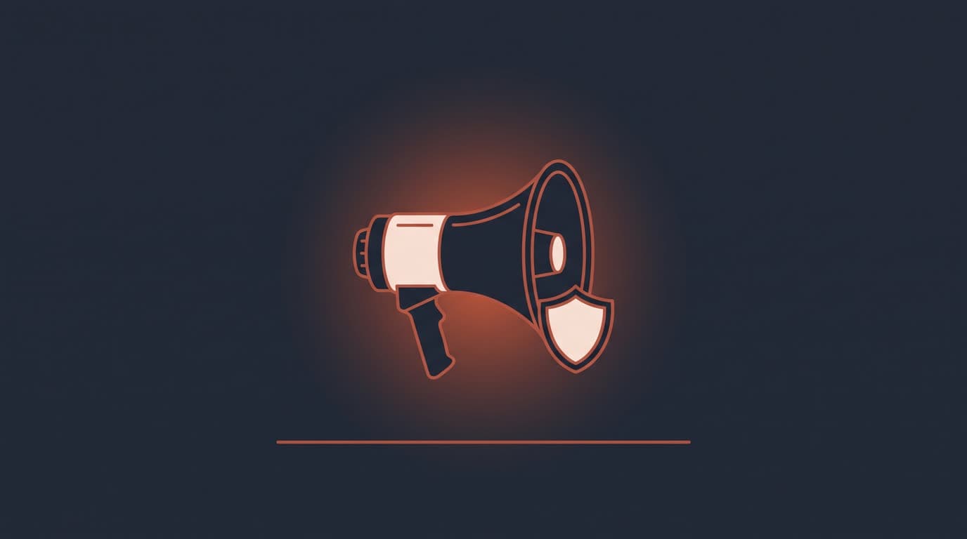 Oxblood megaphone behind a shield, symbolising free speech defended, on a deep navy background