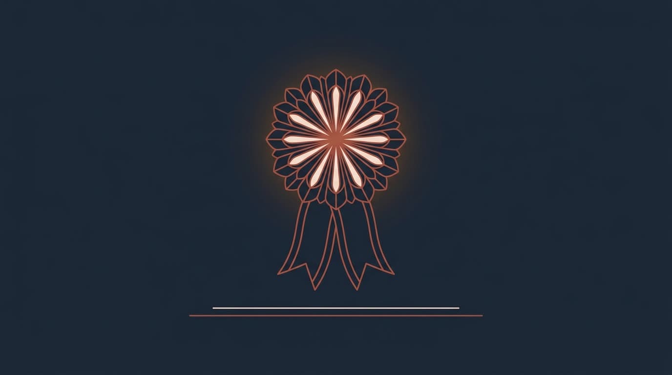 Oxblood quality kitemark rosette beside a barrister's wig, on a deep navy background