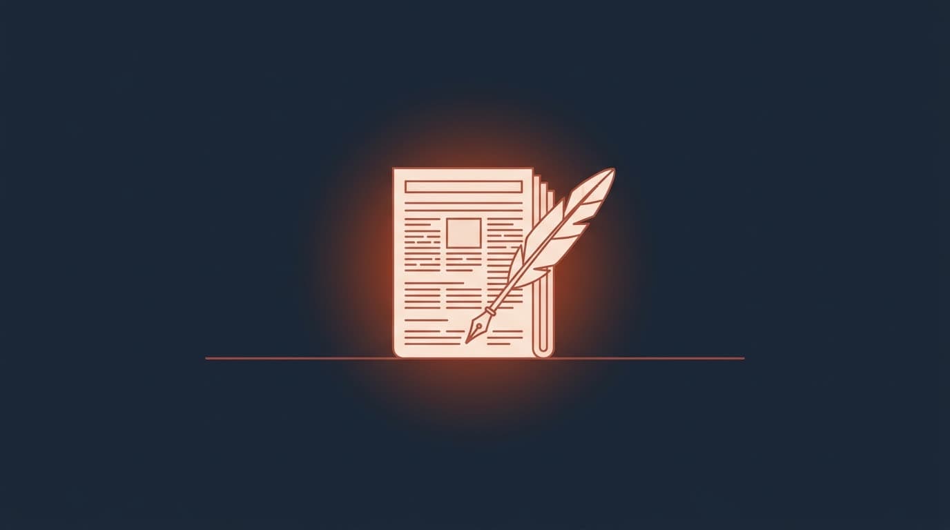 Oxblood folded newspaper with a quill crossed behind, on a deep navy background