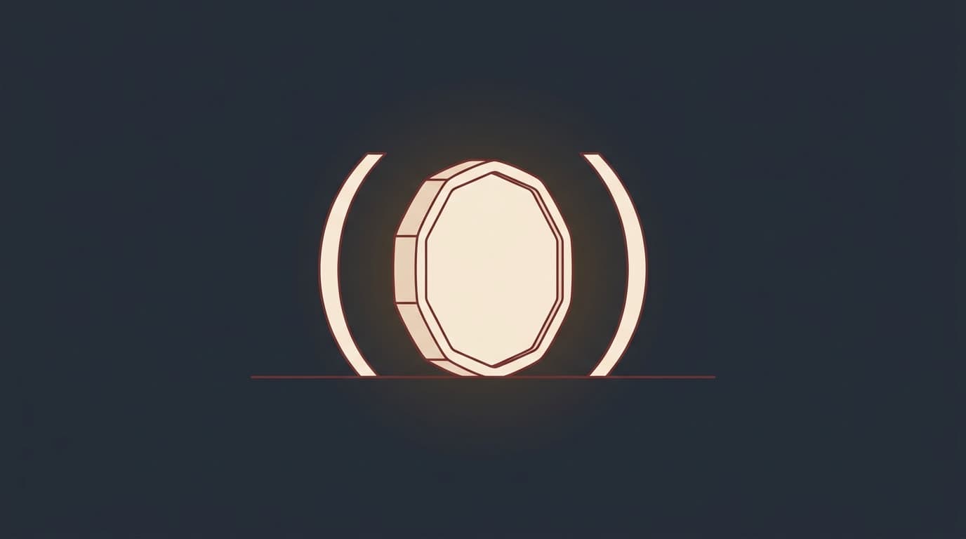 Oxblood faceted digital coin held within an open regulatory ring, on a deep navy background