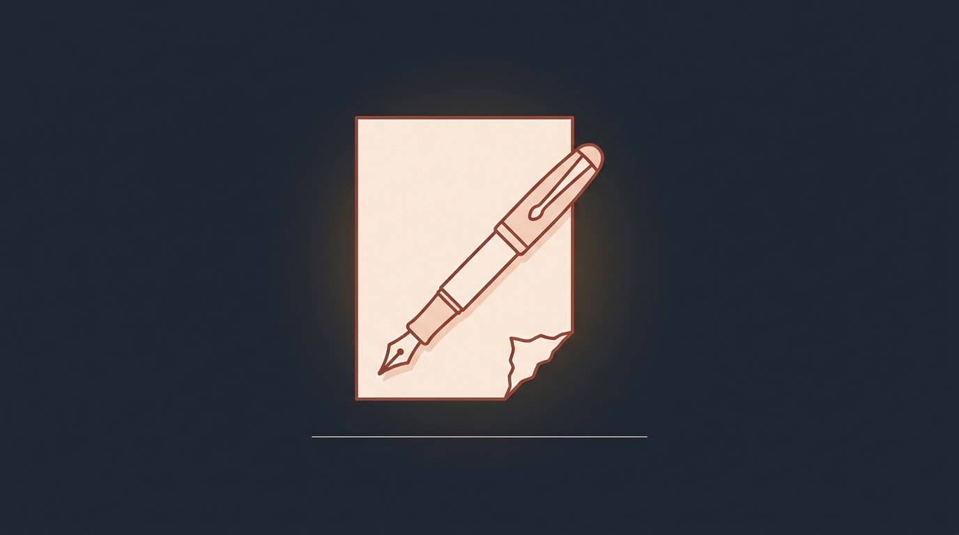Oxblood torn witness statement with a fountain pen across it, on a deep navy background