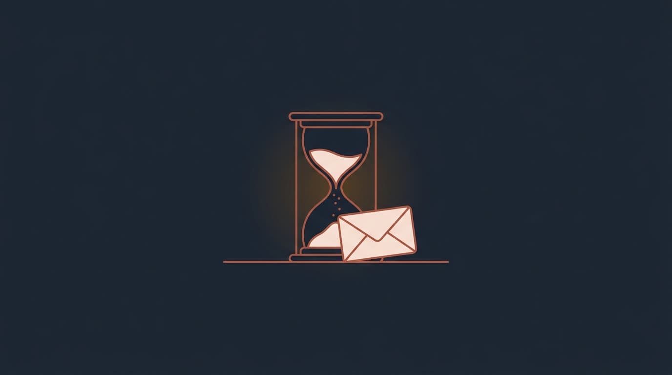 Oxblood hourglass beside a sealed offer envelope, on a deep navy background