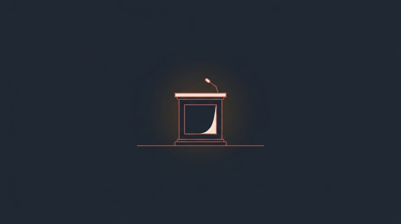Oxblood empty witness stand with a microphone, on a deep navy background