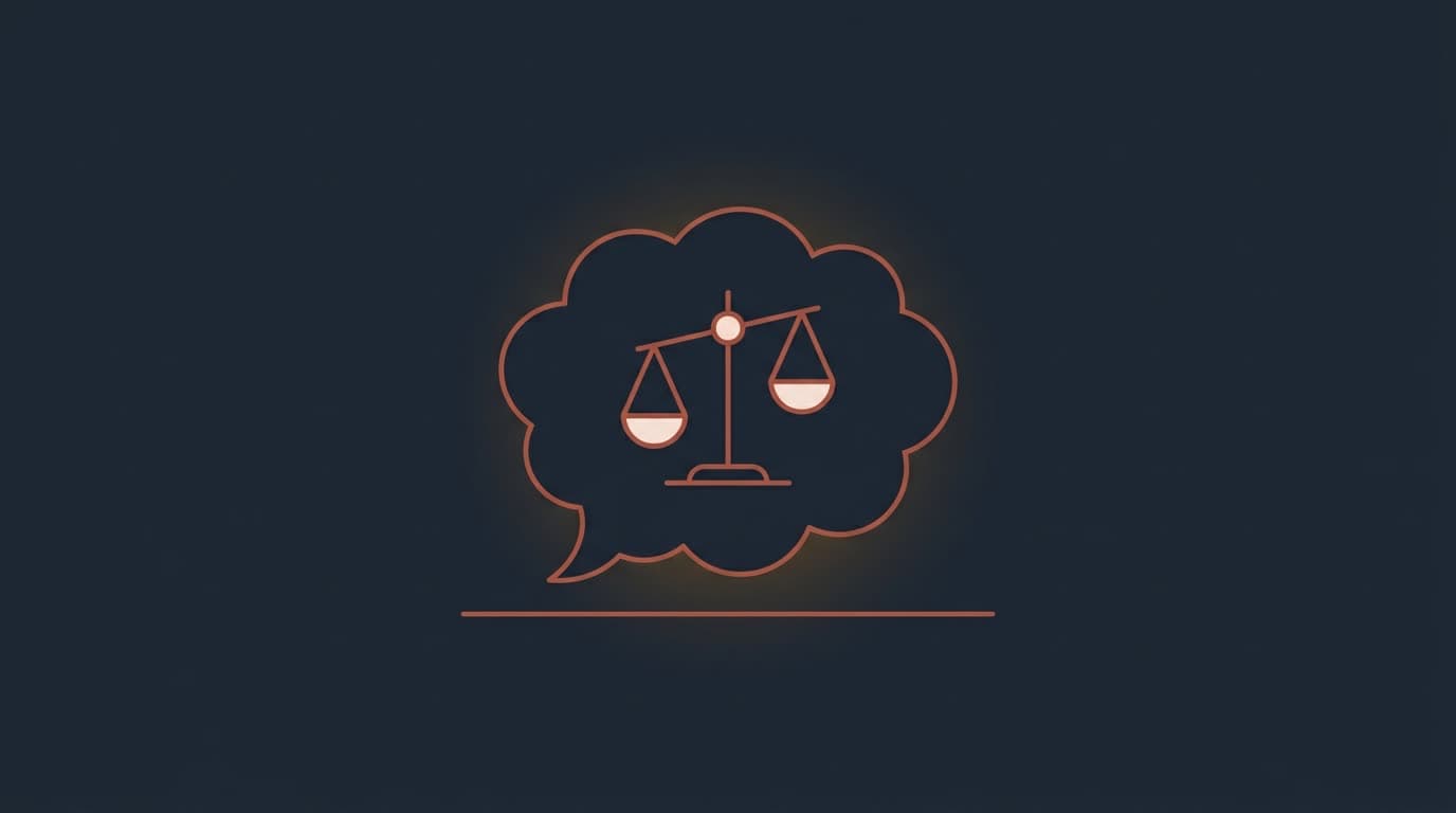 Oxblood thought bubble enclosing a balance scale, on a deep navy background
