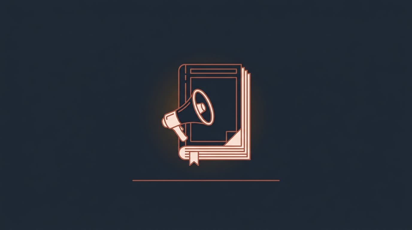 Oxblood bound report with a megaphone leaning against it, on a deep navy background