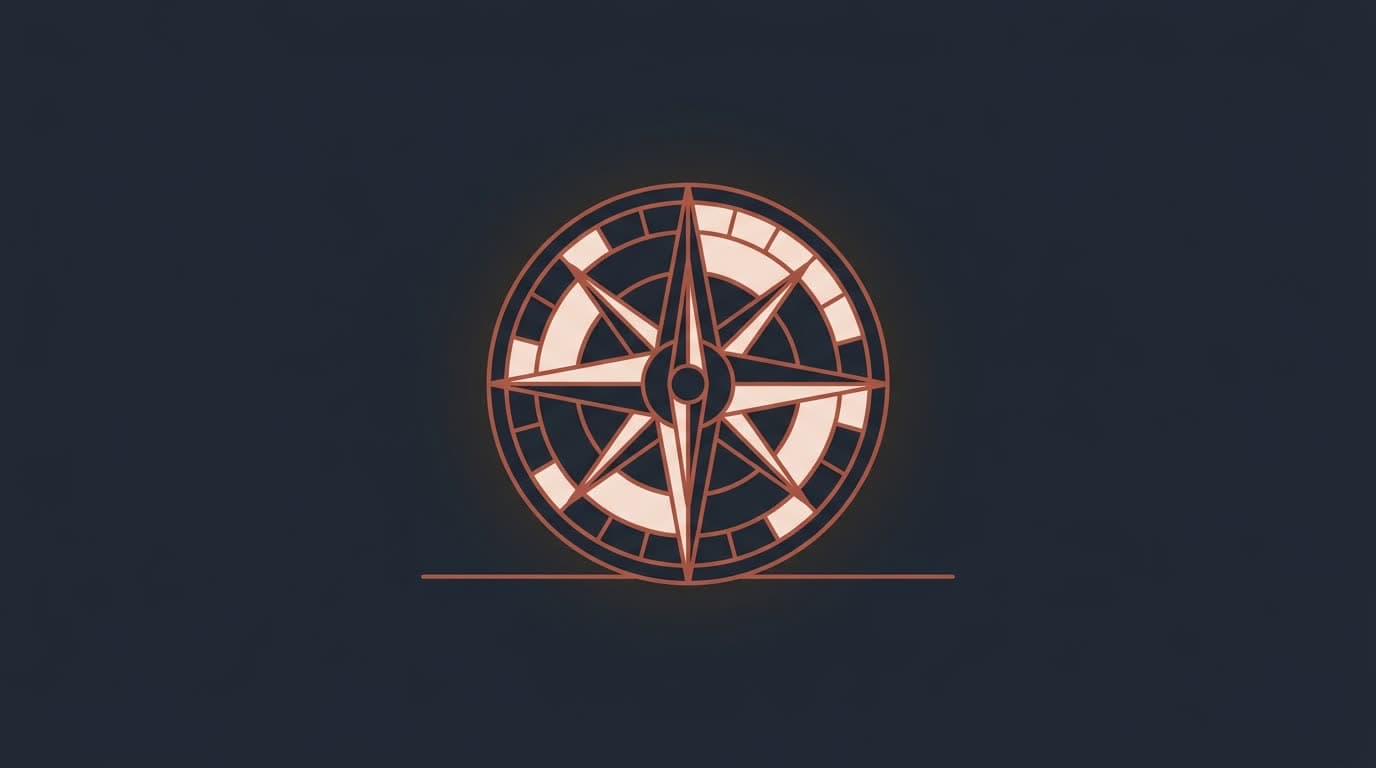Oxblood compass rose with the needle pointing upward, on a deep navy background