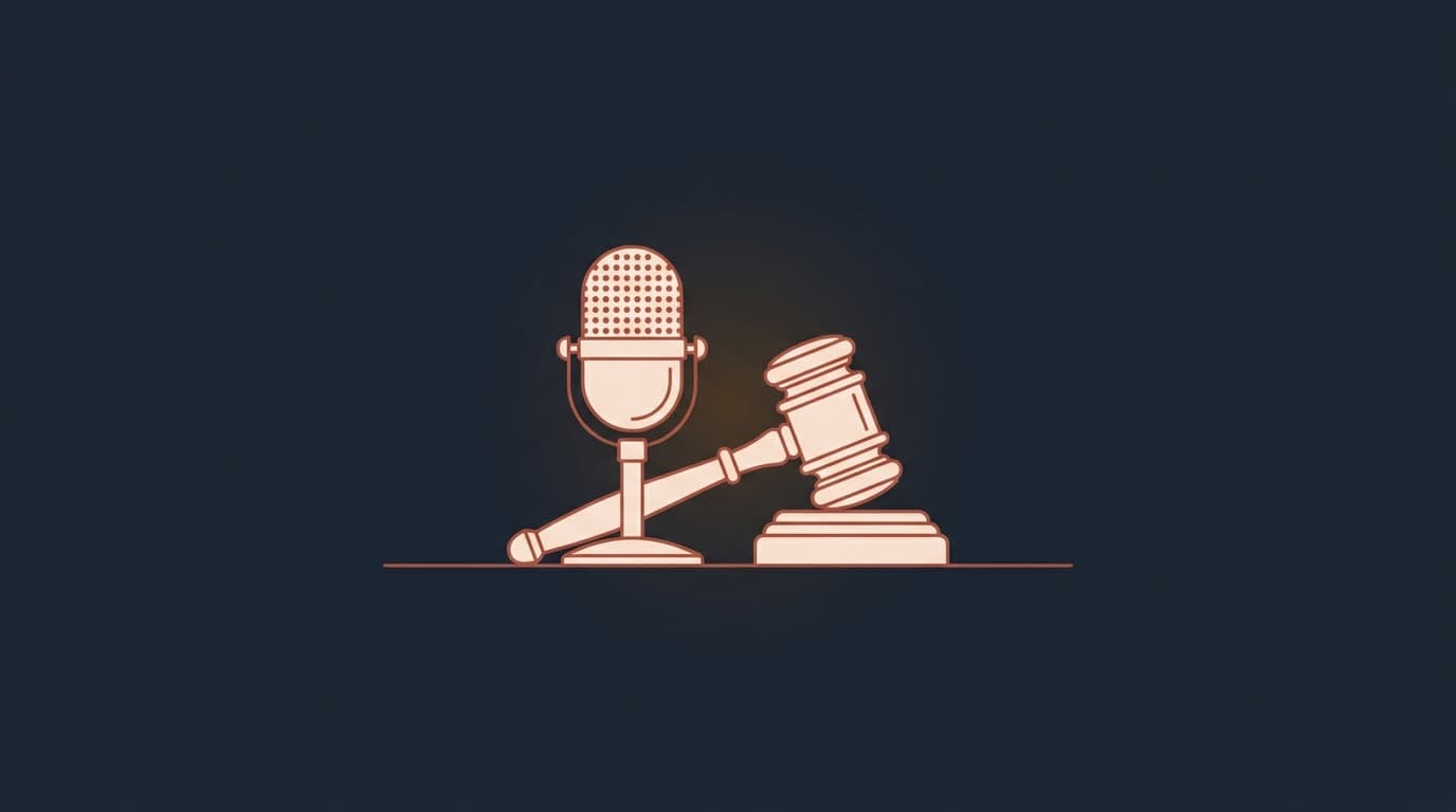 Oxblood broadcast microphone beside a gavel, on a deep navy background