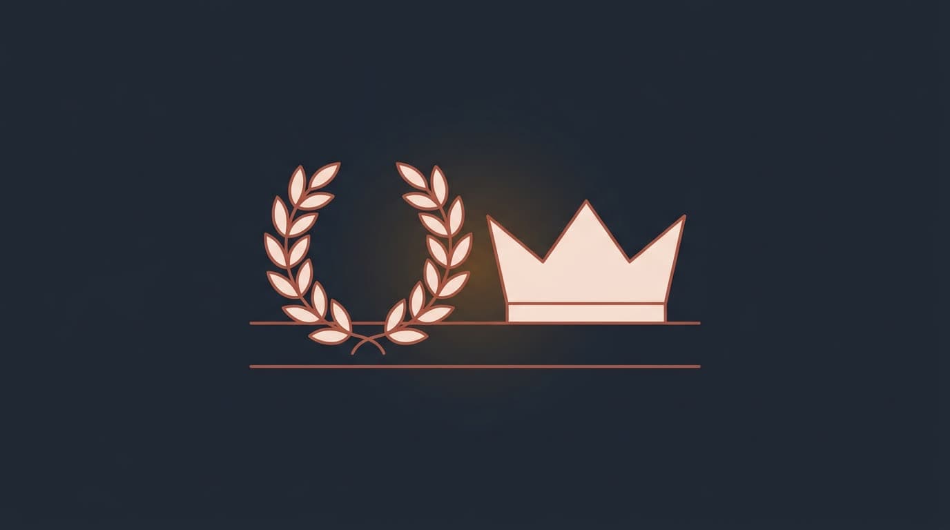 Oxblood laurel wreath beside a plain crown, on a deep navy background