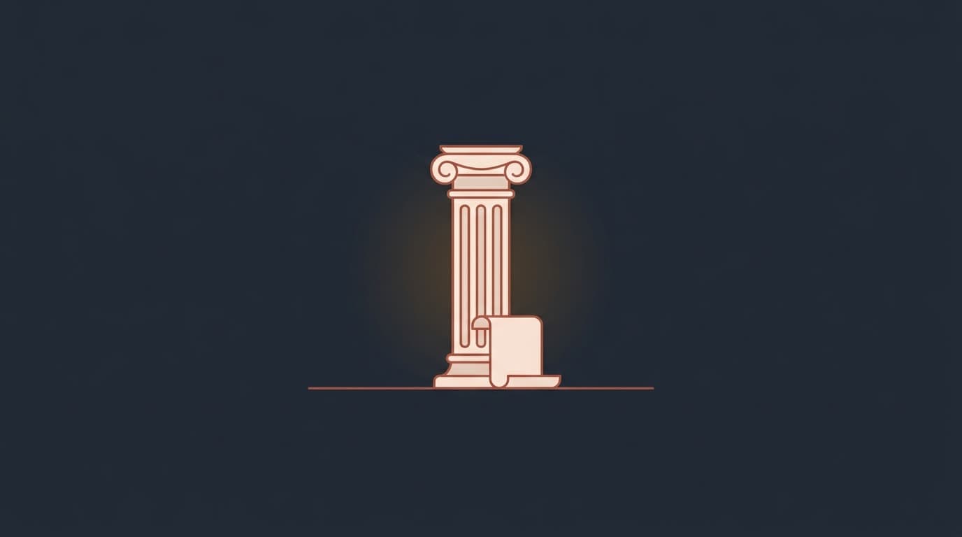 Oxblood classical column with a scroll at its base, on a deep navy background