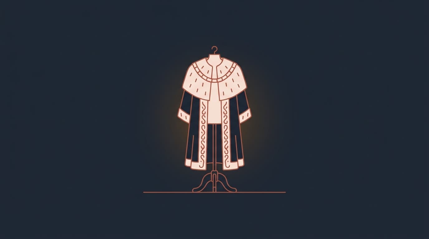 Oxblood empty ceremonial robe on a stand, on a deep navy background