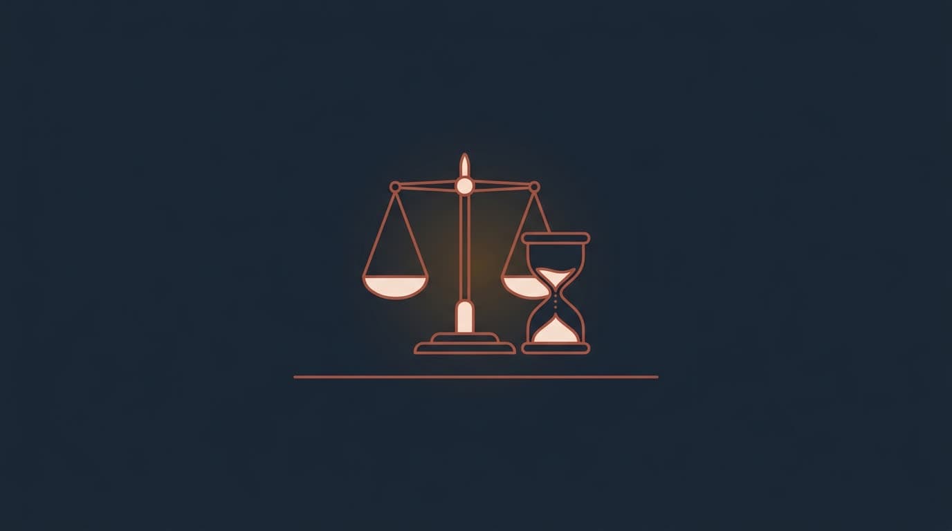 Oxblood scales beside a spent hourglass, on a deep navy background