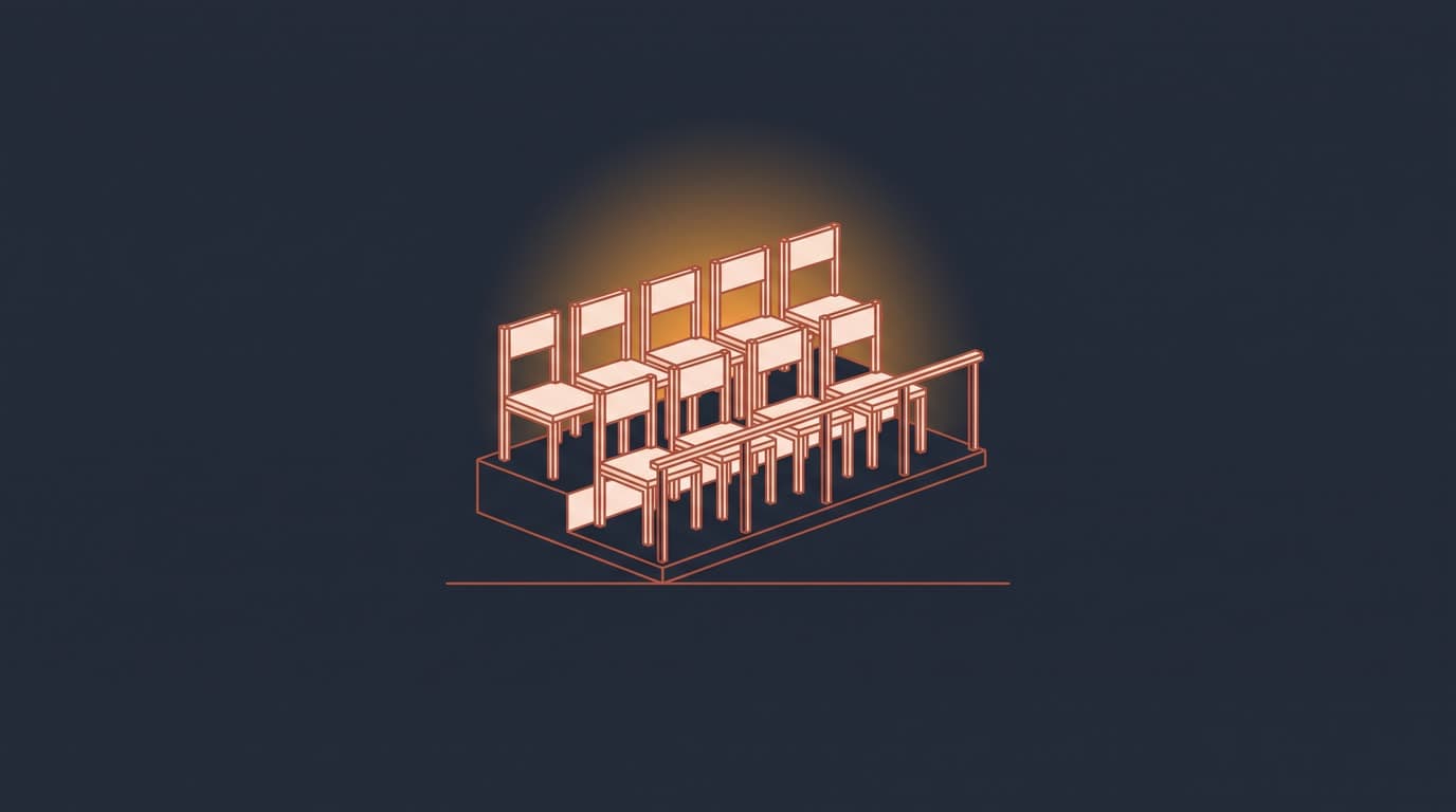 Oxblood empty twelve-seat jury box, on a deep navy background