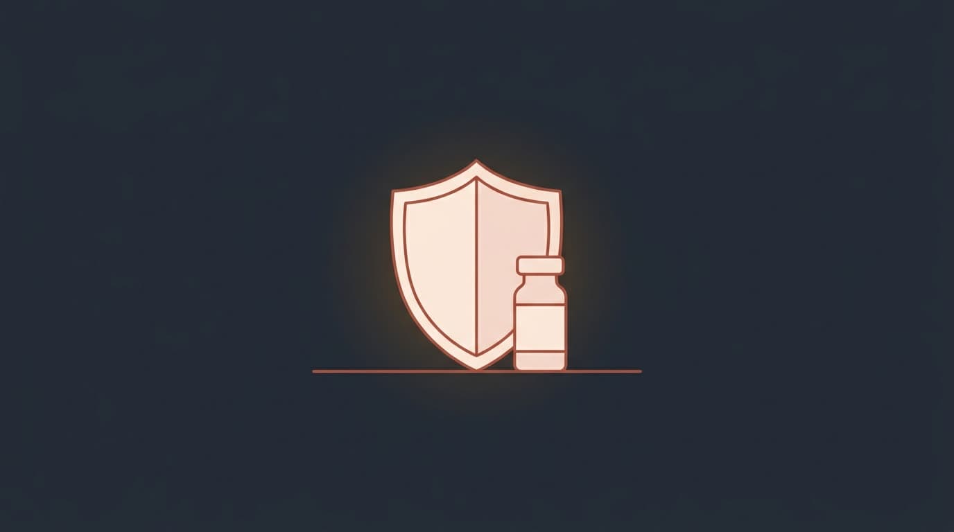 Oxblood shield beside an upright vial, on a deep navy background