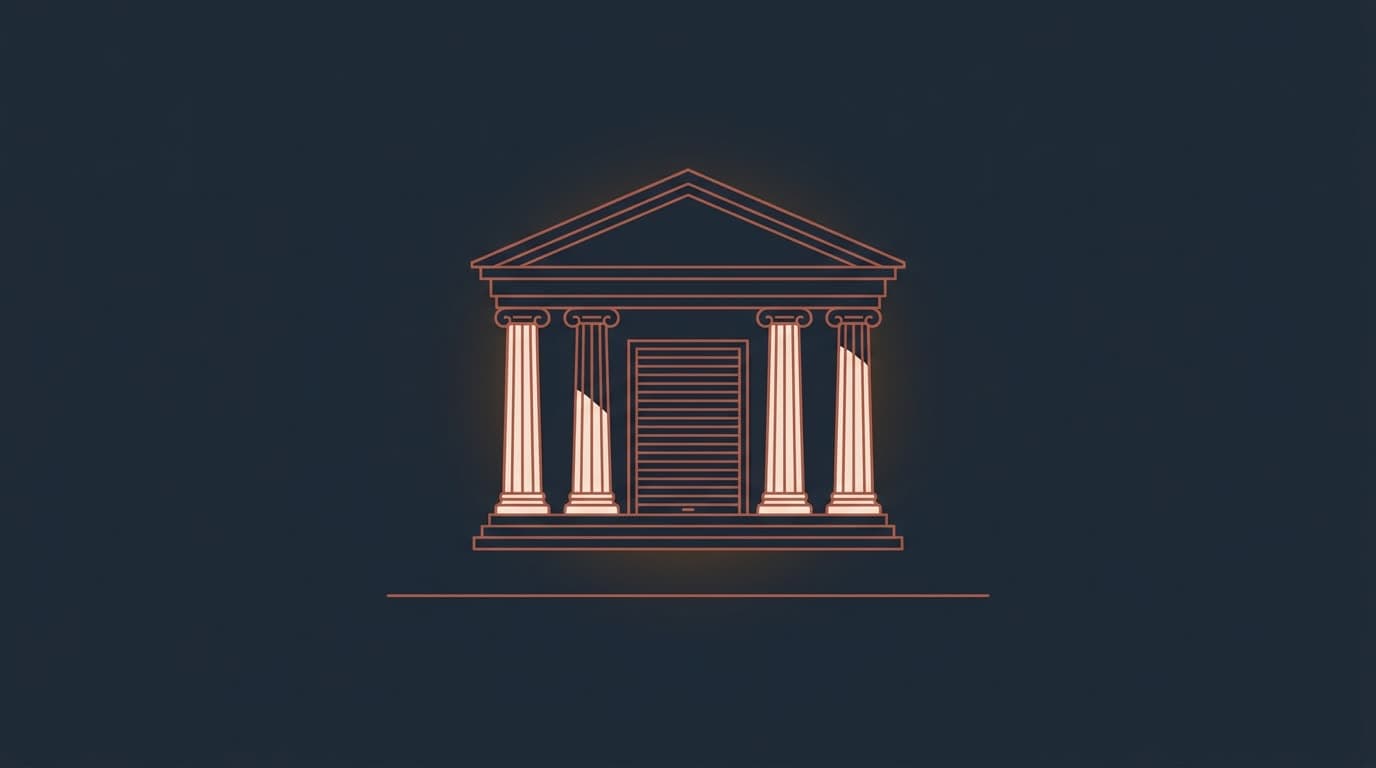 Oxblood bank facade with a closed shutter door, on a deep navy background