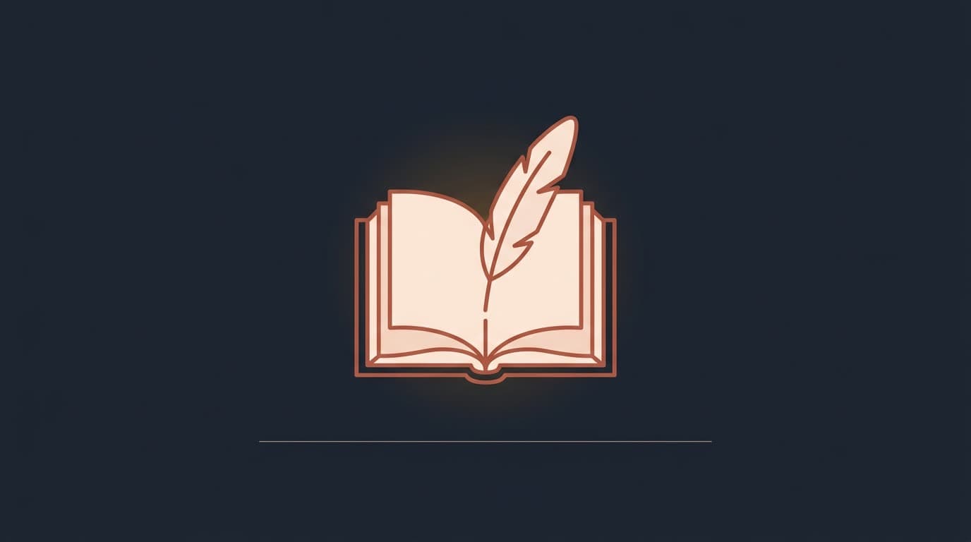 Oxblood open book with a quill in the gutter, on a deep navy background
