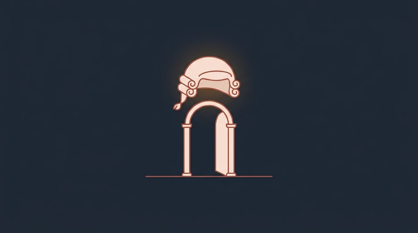 Oxblood barrister's wig above an open doorway, on a deep navy background
