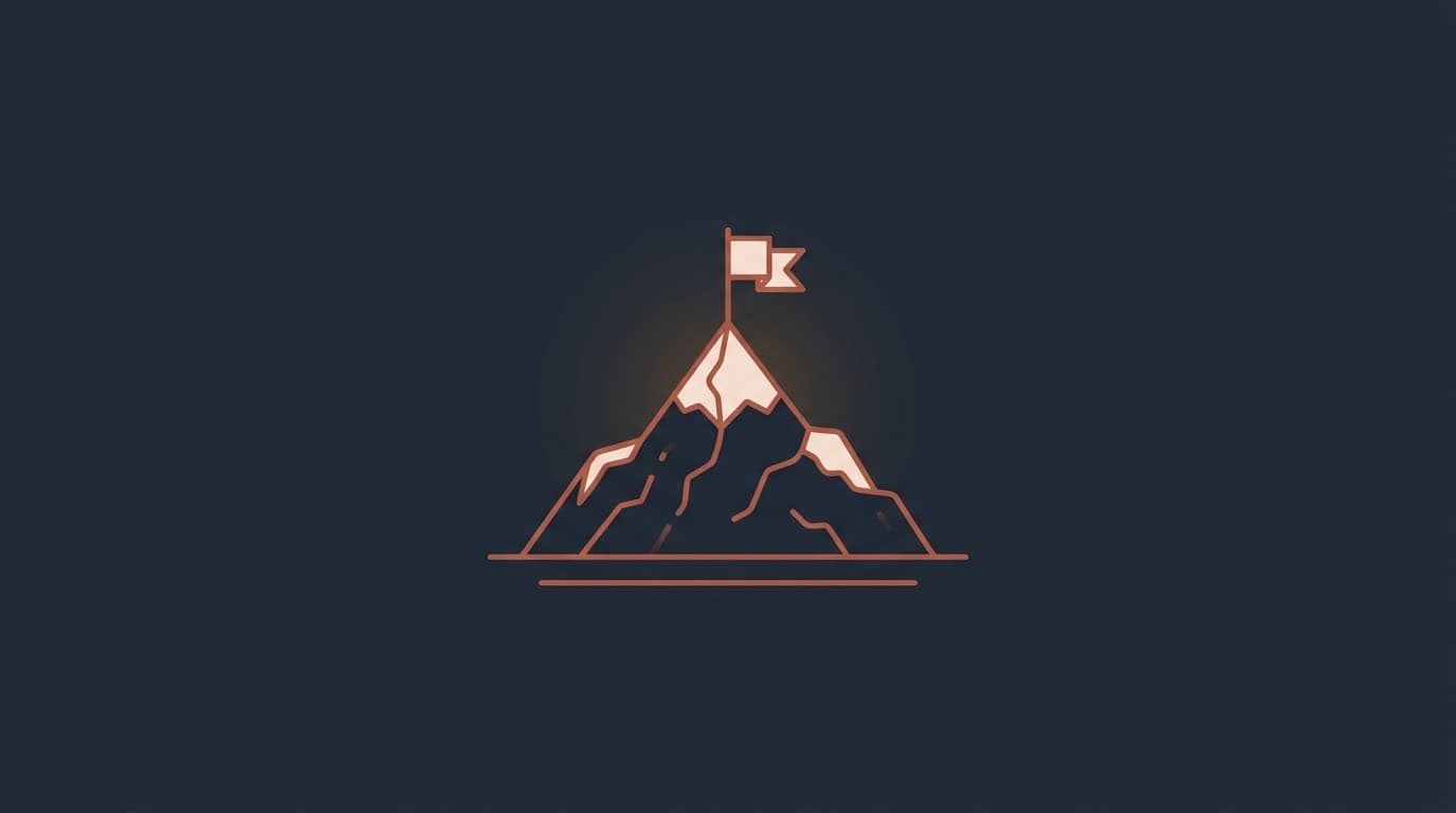 Oxblood mountain peak with a pennant at the summit, on a deep navy background