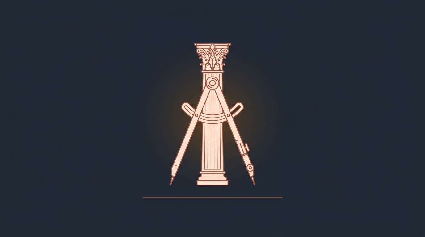 Oxblood classical column measured by a draughtsman's compass, on a deep navy background