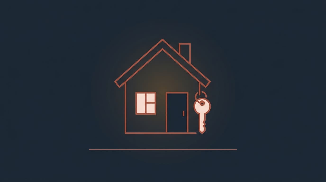 Oxblood house outline with a key beside the door, on a deep navy background