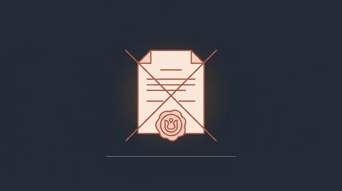 Oxblood sealed judgment struck through diagonally, on a deep navy background