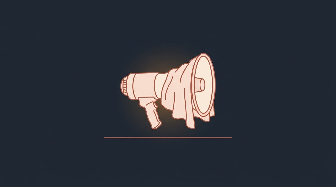 Oxblood megaphone with its bell muffled by cloth, on a deep navy background