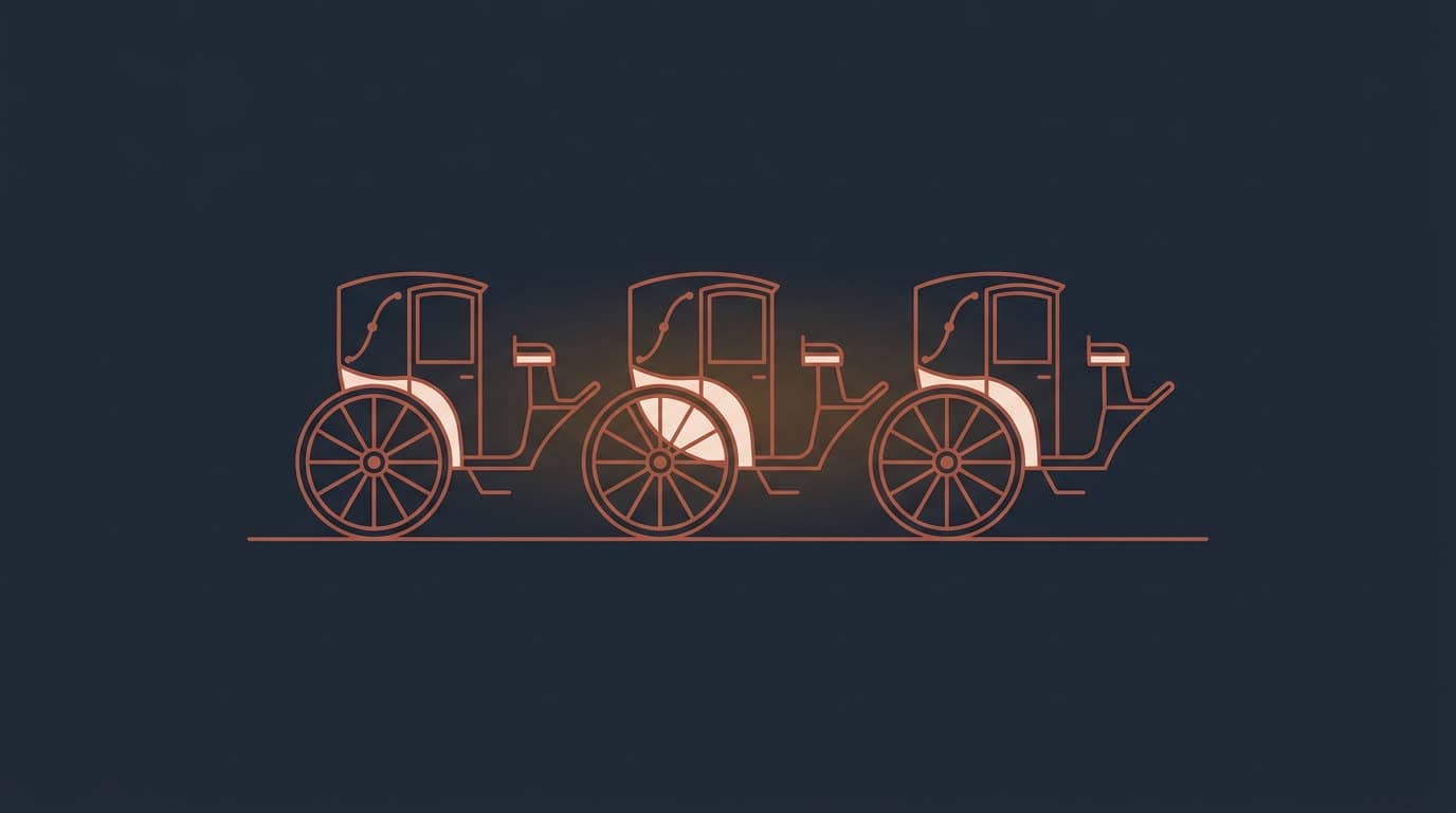 Oxblood line of cab wheels queued along a rank, on a deep navy background