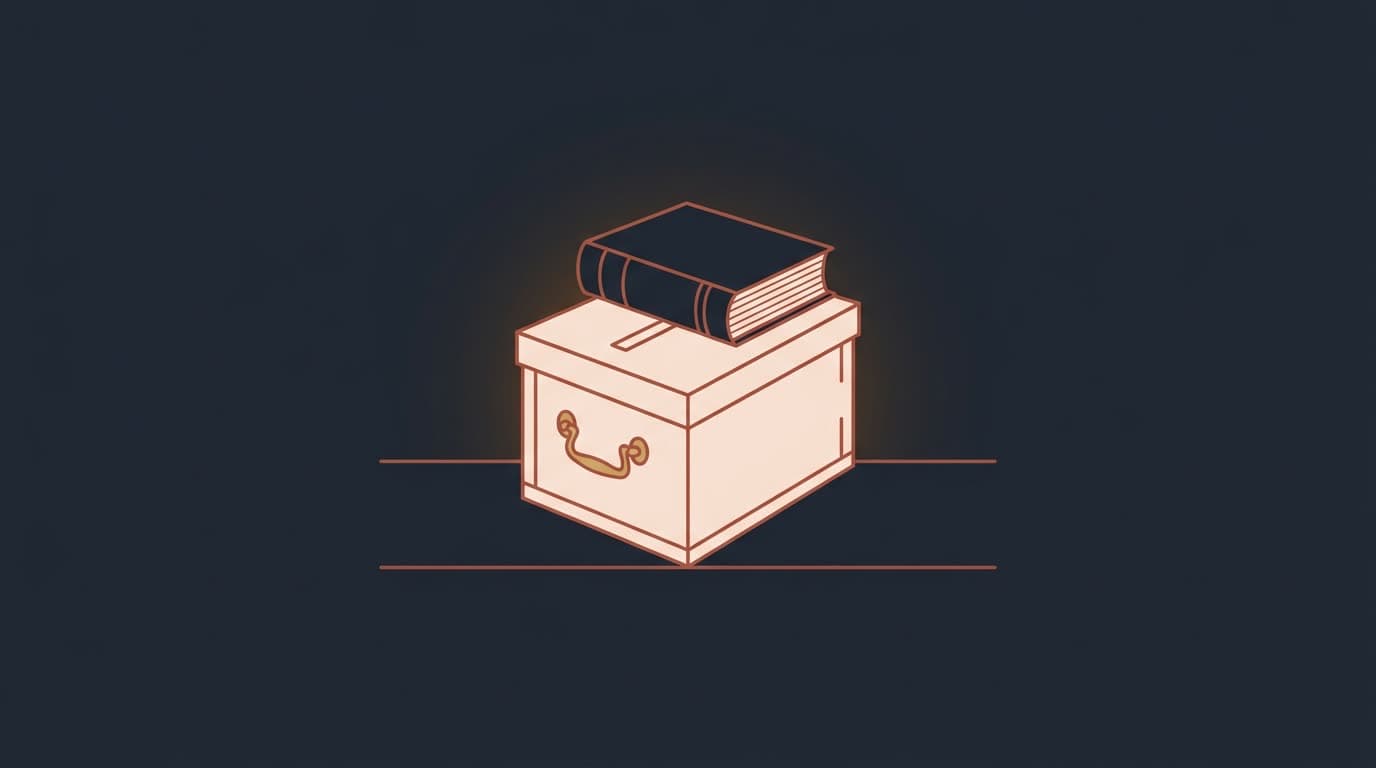Oxblood ballot box with a statute book on its lid, on a deep navy background