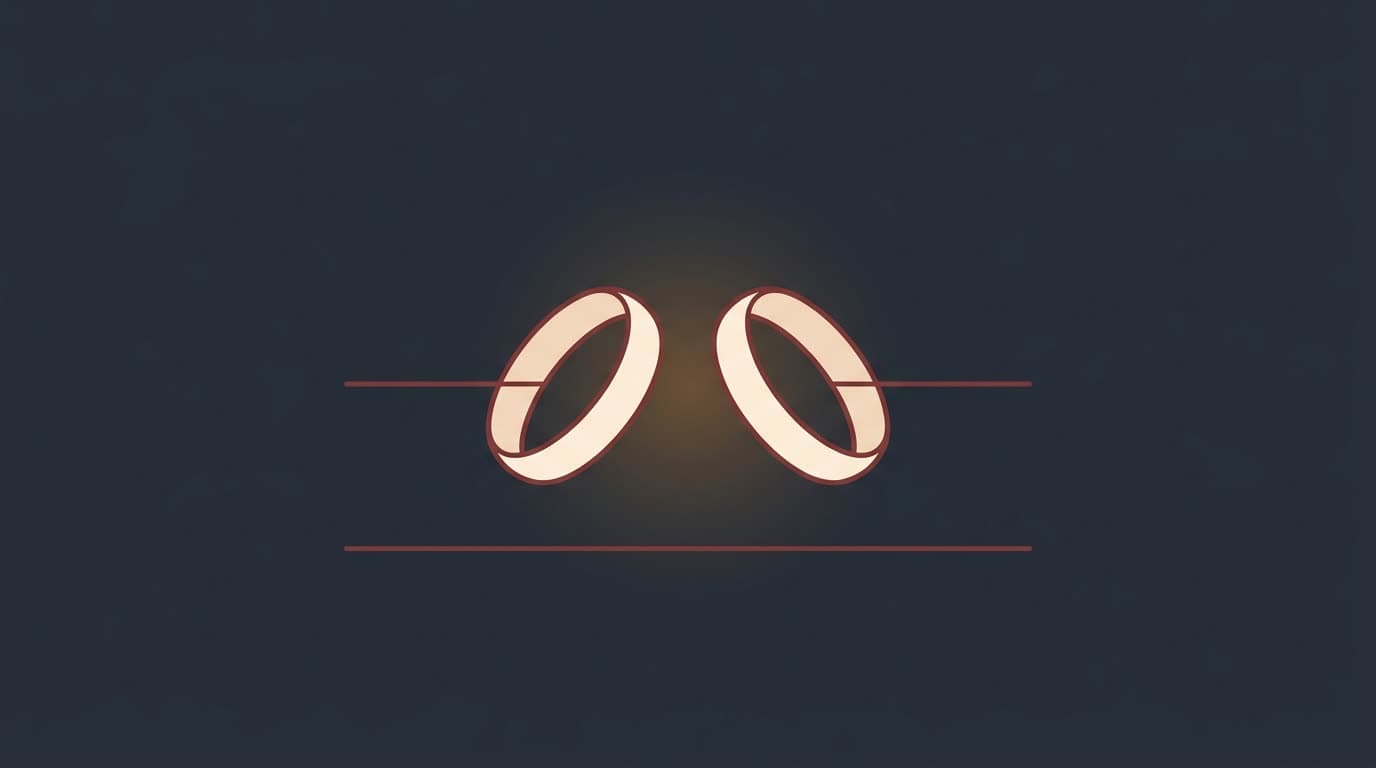 Oxblood two rings drifting apart on a line, on a deep navy background