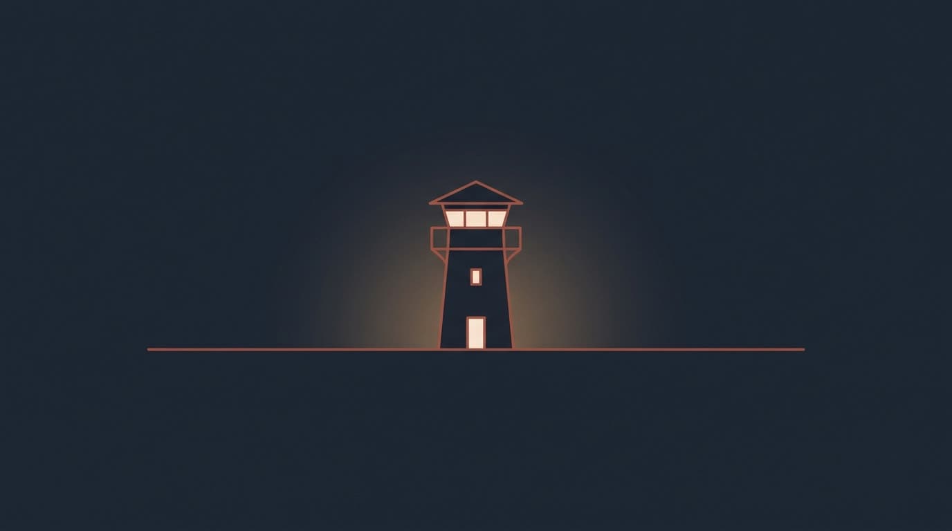 Oxblood watchtower above a horizon line, on a deep navy background