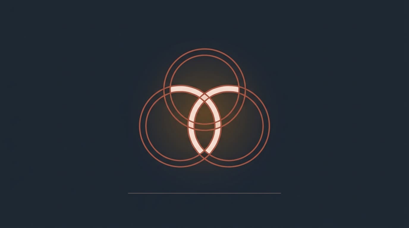 Oxblood three interlocking rings sharing one centre, on a deep navy background