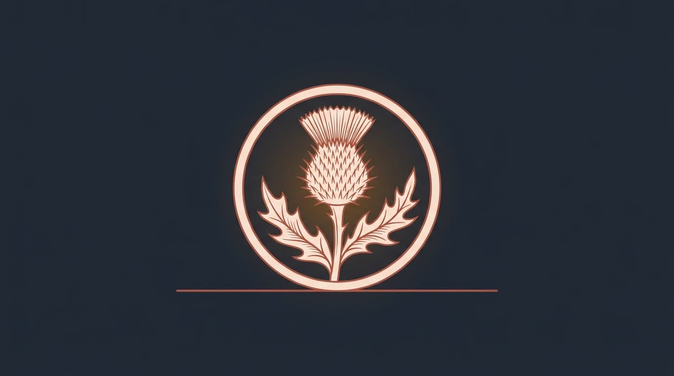 Oxblood thistle enclosed in a boundary ring, on a deep navy background