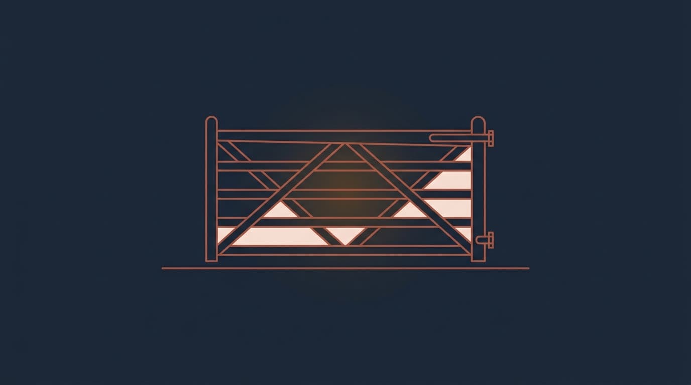 Oxblood closed field gate across a track, on a deep navy background