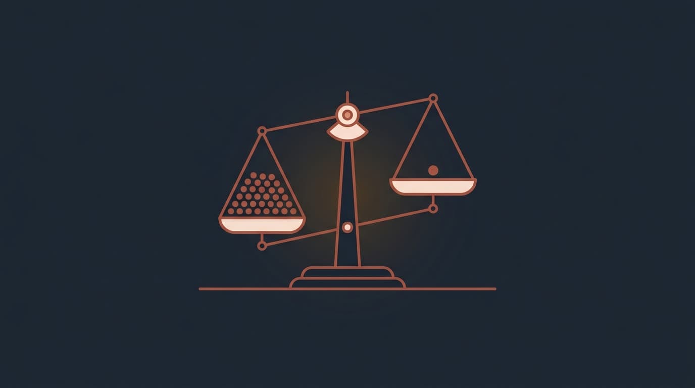 Oxblood scales weighing many dots against a single dot, on a deep navy background