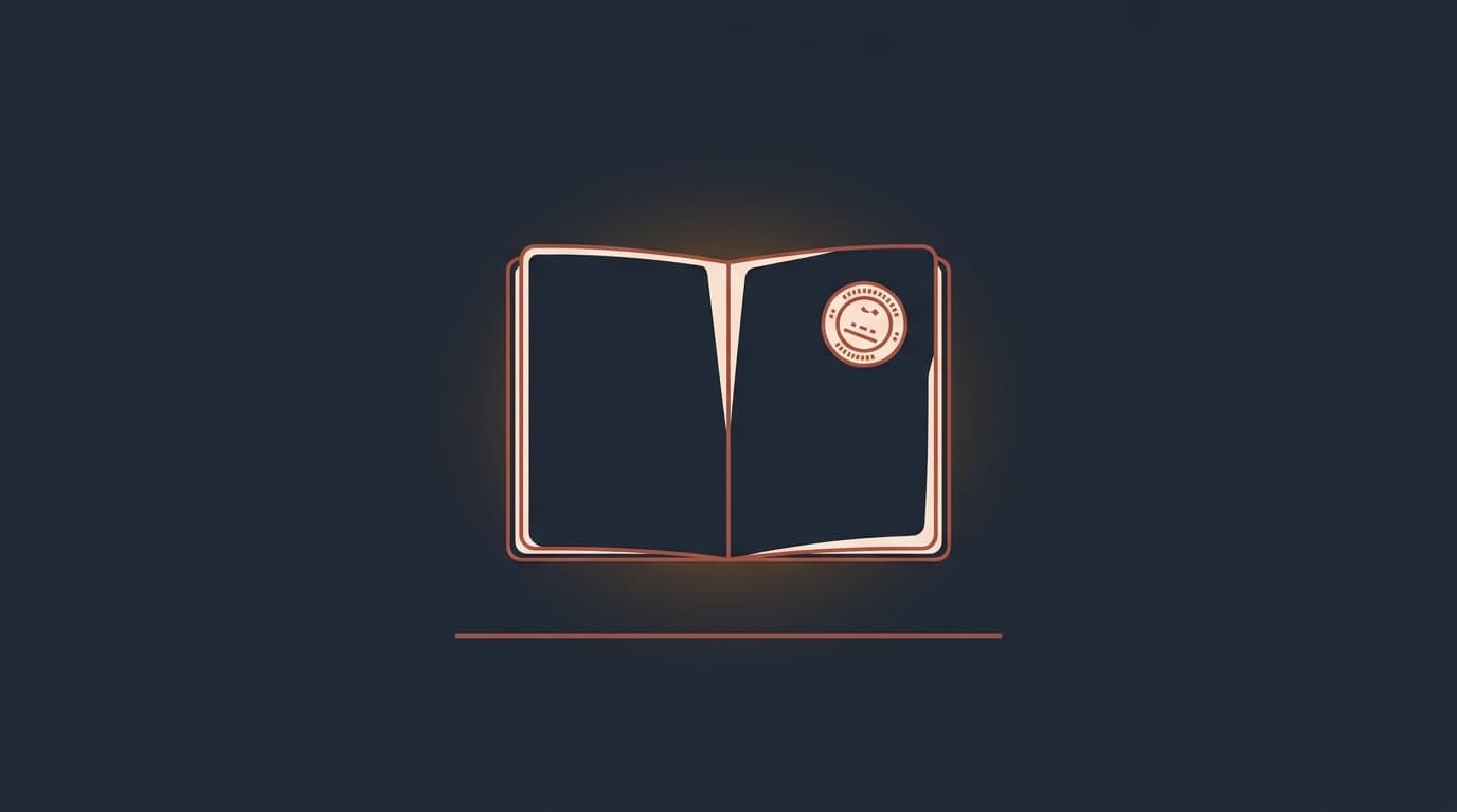 Oxblood open passport with a round stamp mark, on a deep navy background