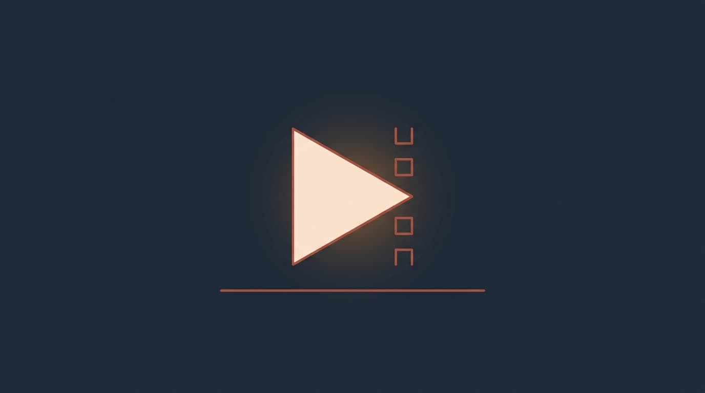 Oxblood play symbol within a screen frame, on a deep navy background