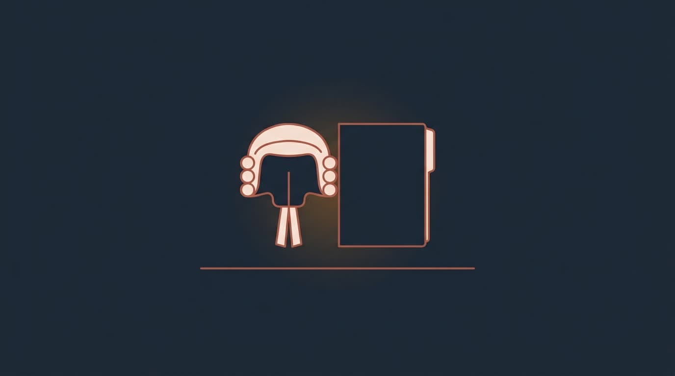 Oxblood barrister's wig beside a document folder, on a deep navy background