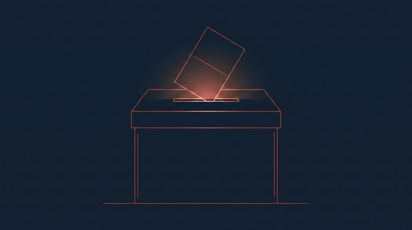 Oxblood ballot box with a folded ballot paper above the slot, on a deep navy background