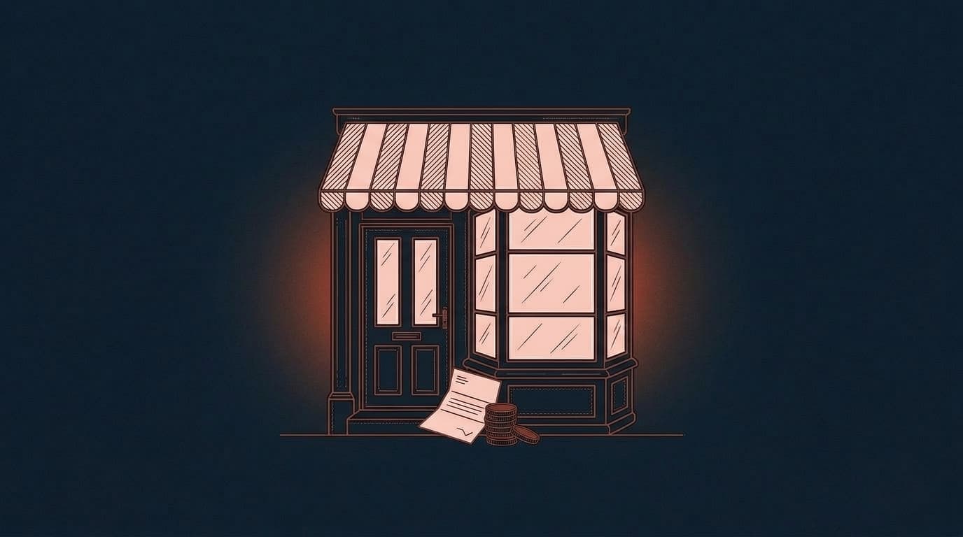 Oxblood line drawing of a high-street shopfront with a rates demand notice and coins at the door, on a deep navy background