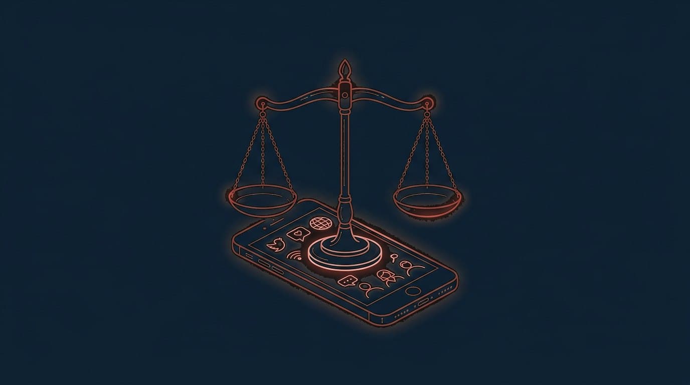 Oxblood scale of justice above a smartphone, symbolising social media and human rights, on a deep navy background