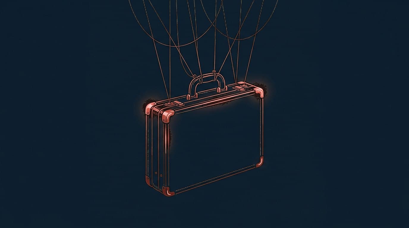 Oxblood briefcase suspended on puppet strings, on a deep navy background