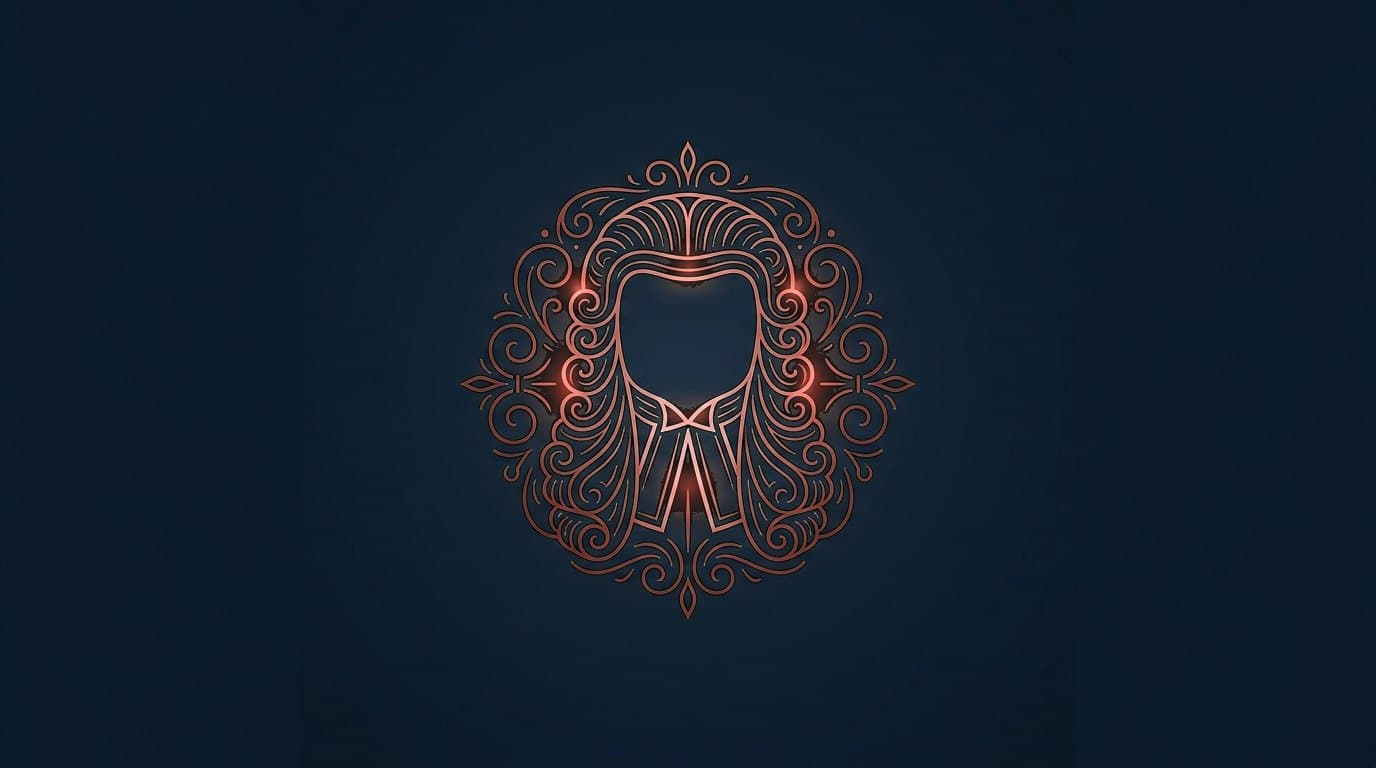 Oxblood emblem of a barrister's ceremonial wig, on a deep navy background