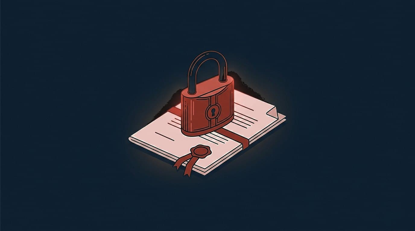 Oxblood padlock resting on a ribbon-tied legal document, symbolising privilege, on a deep navy background