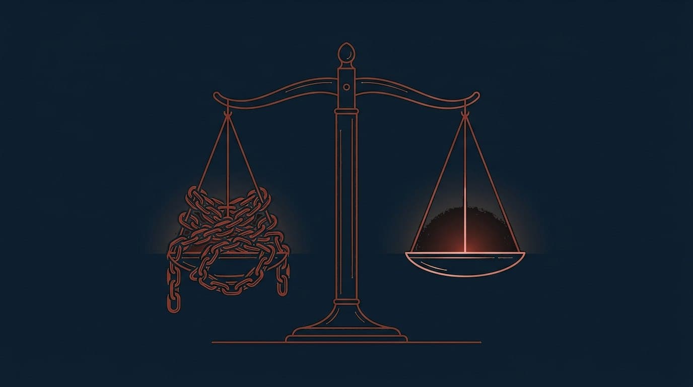 Oxblood scales of justice with one pan bound in chains, on a deep navy background